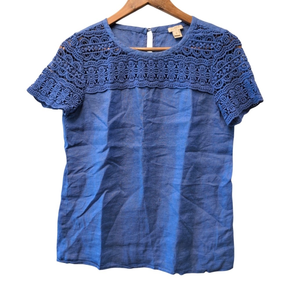 J.Crew Blue 100% Linen‎ Crochet Lace Yoke Short Sleeve Top C3489 Size 0 - Picture 2 of 14